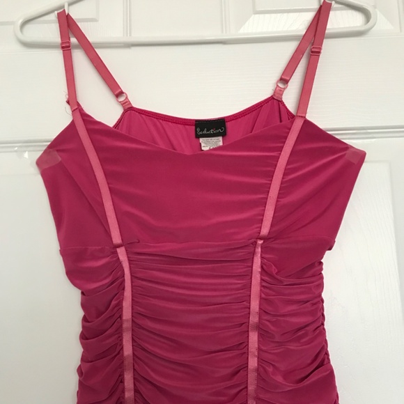 Rare Y2K Seduction Ruched Spaghetti Strap Top S Fit Ruffle Hem Magenta Pink - Picture 4 of 14